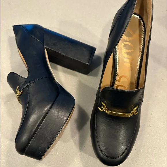 Sam Edelman Y2K stacked chunky black leather gold buckle loafers sz 10 - Picture 1 of 9